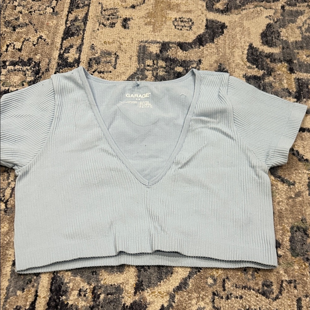 Garage Sky Blue Ribbed V-Neck Crop Top
